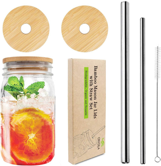 🌿 Bamboo Mason Jar Lids with Straws – Leak-Proof, Reusable, and Eco-Friendly