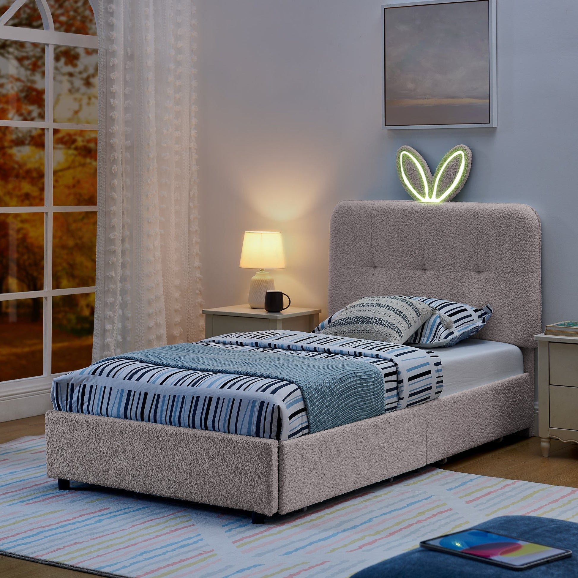 Twin size kids upholstered bed with oversized rabbit ear headboard in light gray fabric on Tampa Home & Garden Store