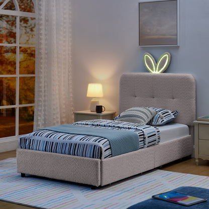 Twin size kids upholstered bed with oversized rabbit ear headboard in light gray fabric on Tampa Home & Garden Store