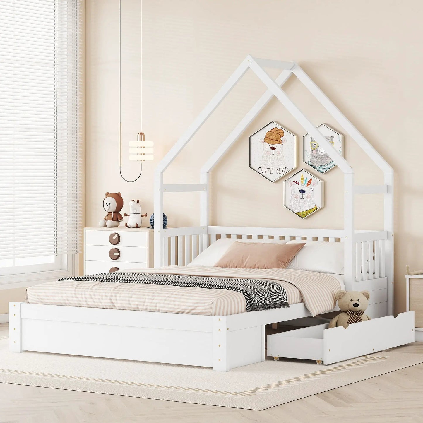 House Style Platform Bed Guardrail With Drawers