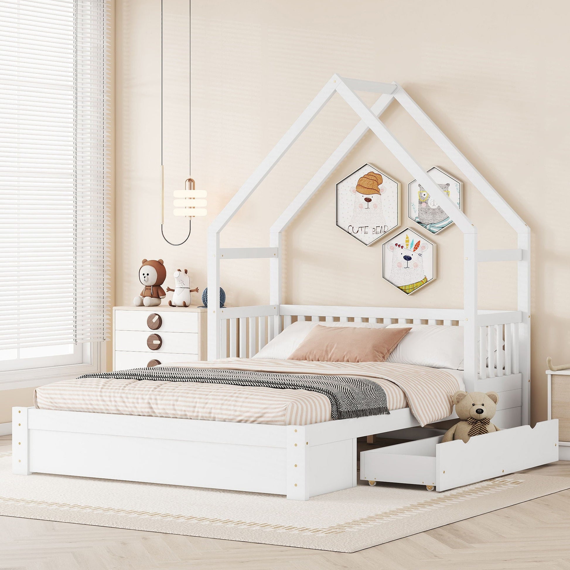 House Style Platform Bed with guardrail and 2 drawers in white wood by HouseOfZazla storage on Tampa Home & Garden Store