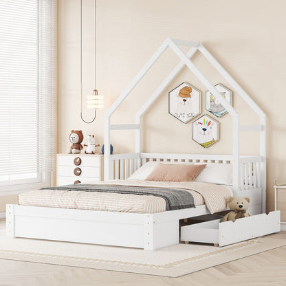House Style Platform Bed with guardrail and 2 drawers in white wood by HouseOfZazla storage on Tampa Home & Garden Store