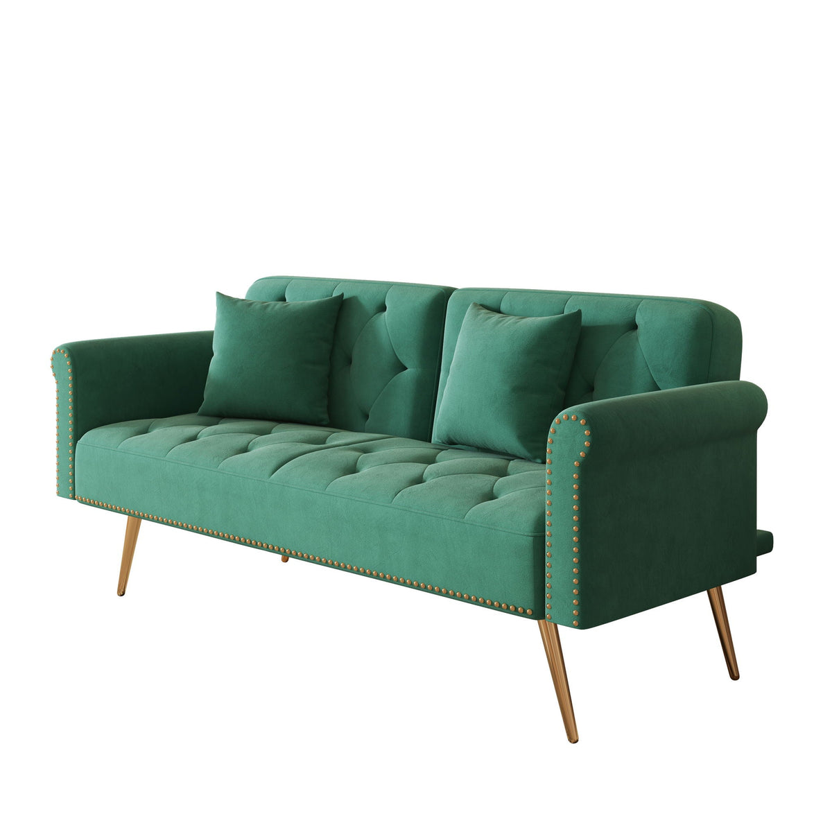 Velvet futon sofa bed by HouseOfZazla in emerald green with nail head trim and matching pillows on Tampa Home & Garden Store