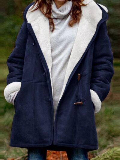 Full-size pocketed hooded toggle jacket for women in navy with shearling lining by Stevvex on Tampa Home & Garden Store