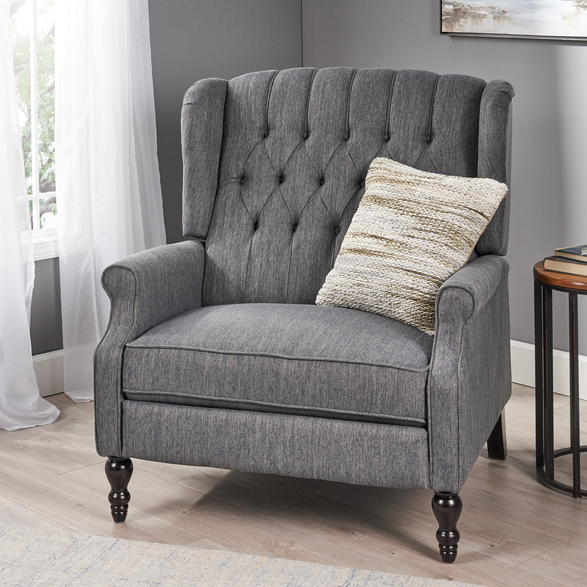 Oversized tufted wingback recliner gray fabric with dark wood bun feet by HouseOfZazla on Tampa Home & Garden Store