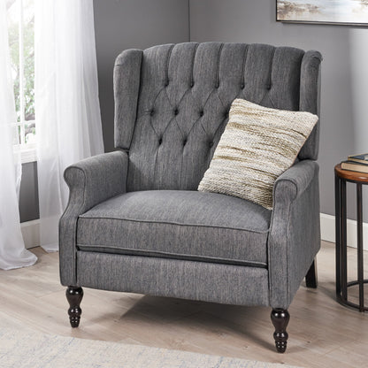 Oversized tufted wingback recliner gray fabric with dark wood bun feet by HouseOfZazla on Tampa Home & Garden Store