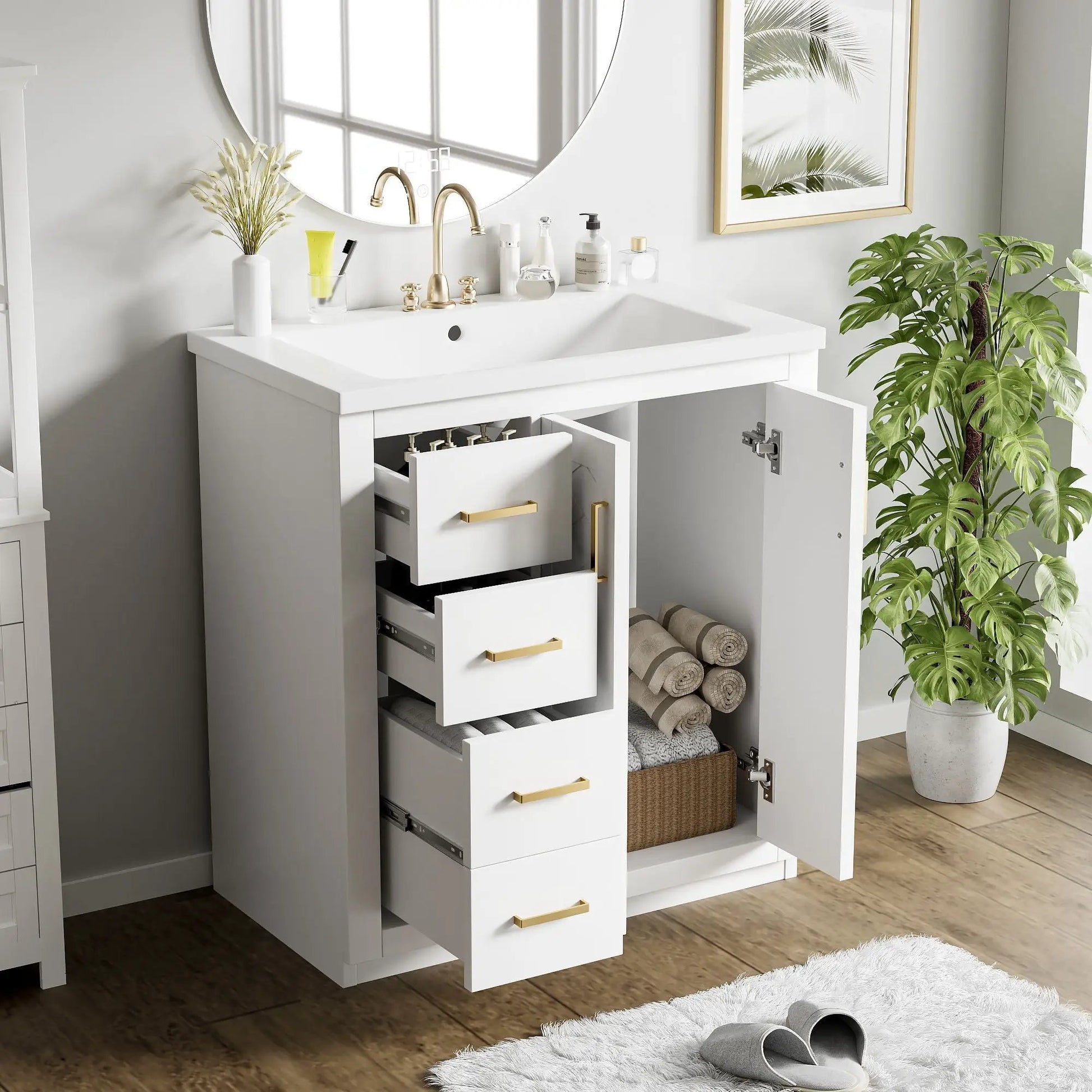 Ceramic white sink combo vanity with 3 drawers and soft closing doors by Unique Piece Furniture on Tampa Home & Garden Store