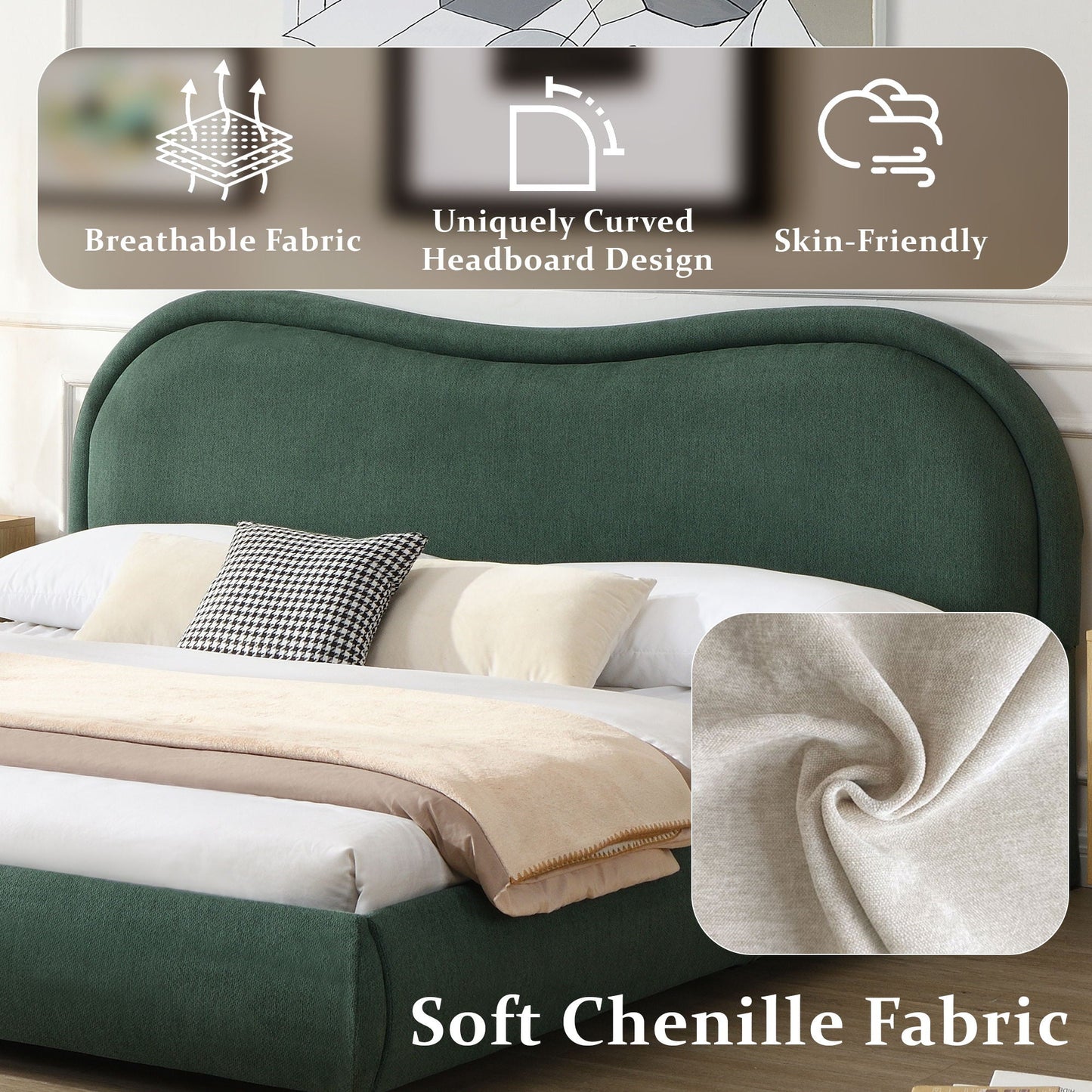 Upholstered Platform Bed with Curved Headboard