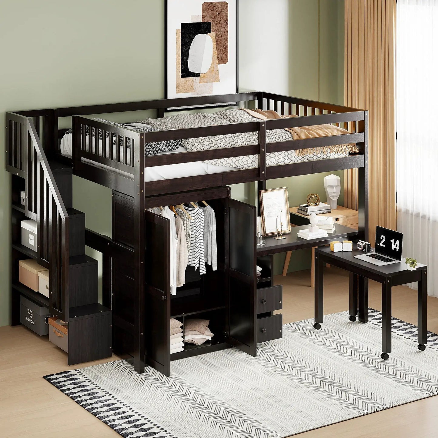 Loft bed with stairs, bookshelf, drawers and desk in dark wood with wardrobe storage on Tampa Home & Garden Store