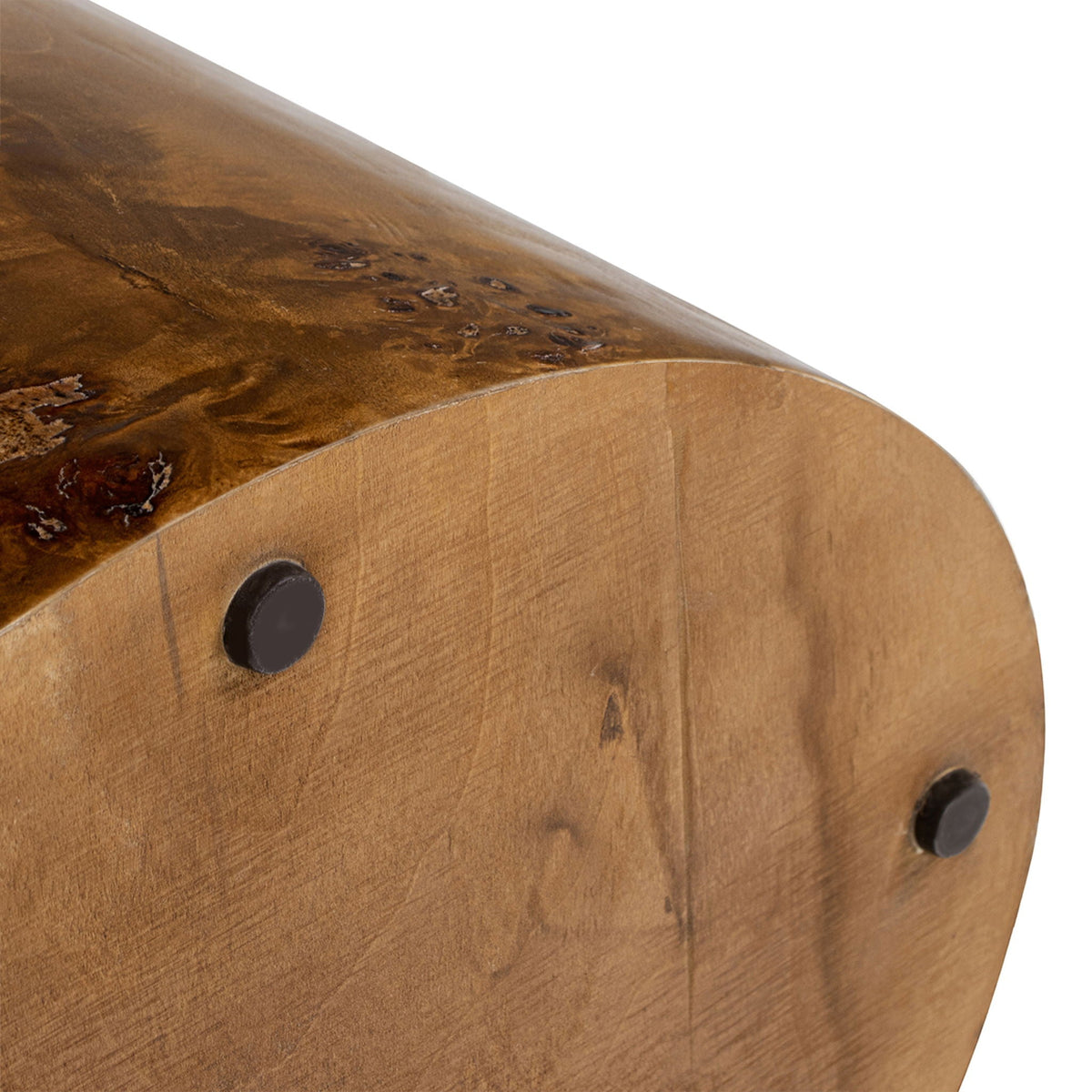 Accent oval pillar side table with burl wood veneer in brown finish black round feet on Tampa Home & Garden Store