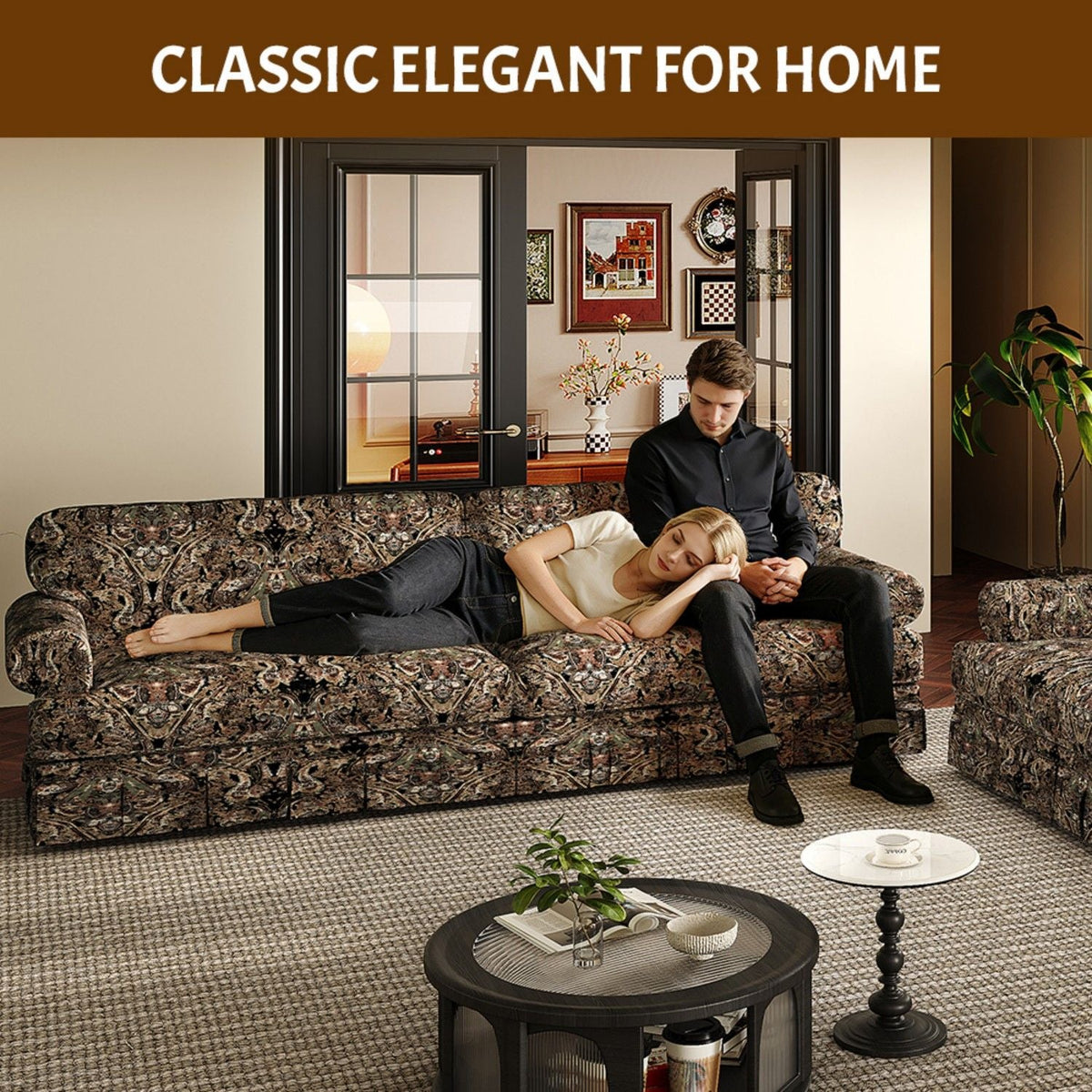 Comfortable Cloud Sofa with Rolled Arms and Skirt, paisley upholstered stationary sofa on Tampa Home & Garden Store
