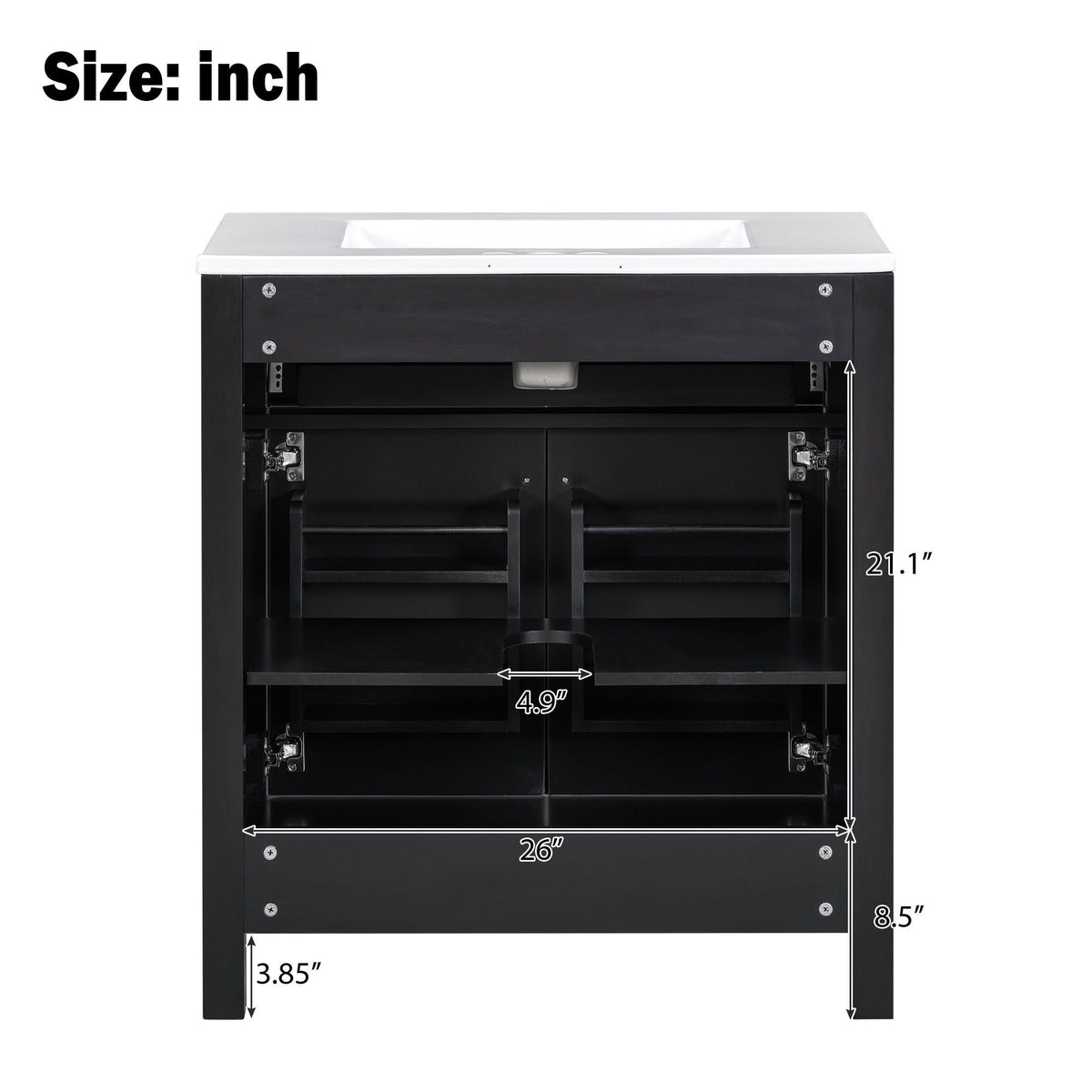 Modern bathroom vanity with ceramic sink, black finish, soft-close doors, 26in wide on Tampa Home & Garden Store