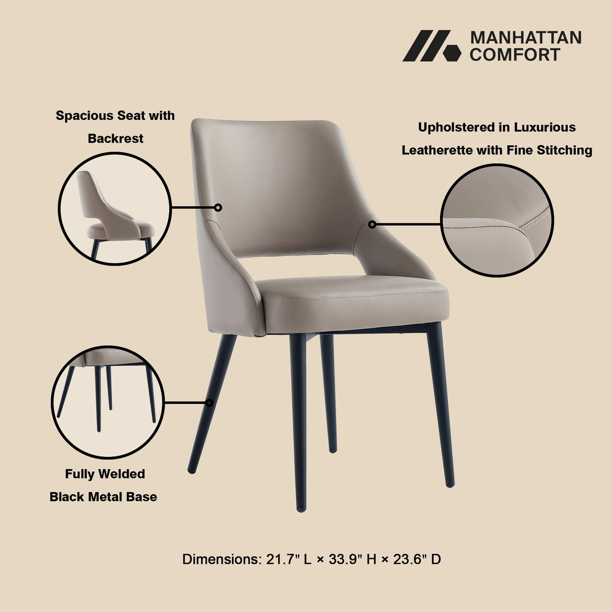 Tremont dining chair with steel frame in taupe leatherette by HouseOfZazla, black metal base on Tampa Home & Garden Store