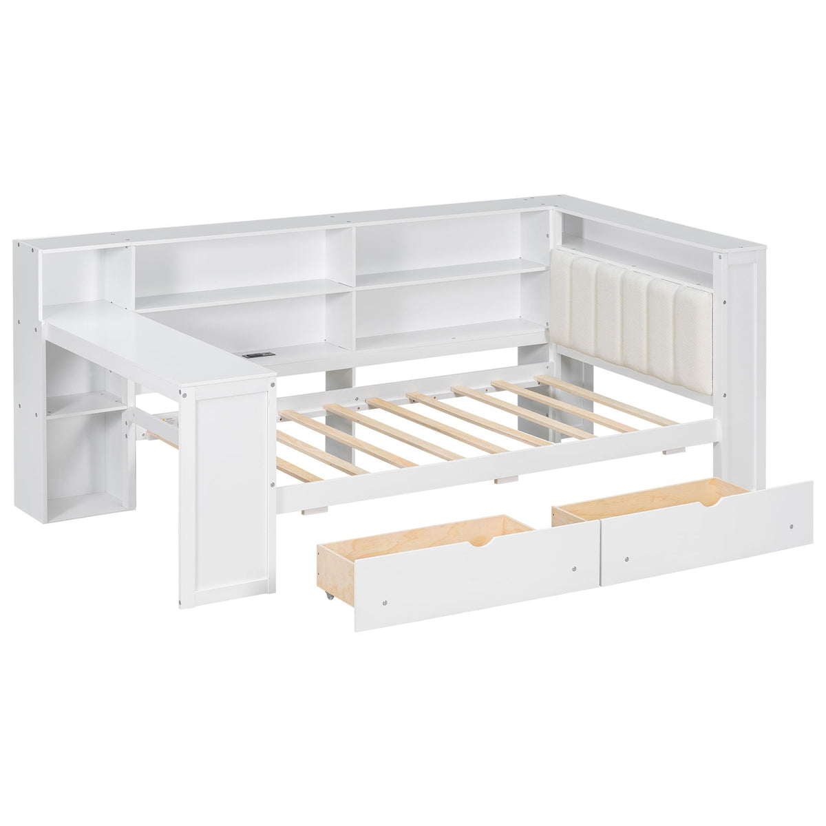 White platform bed with built-in storage shelves, drawers and beige upholstered headboard on Tampa Home & Garden Store