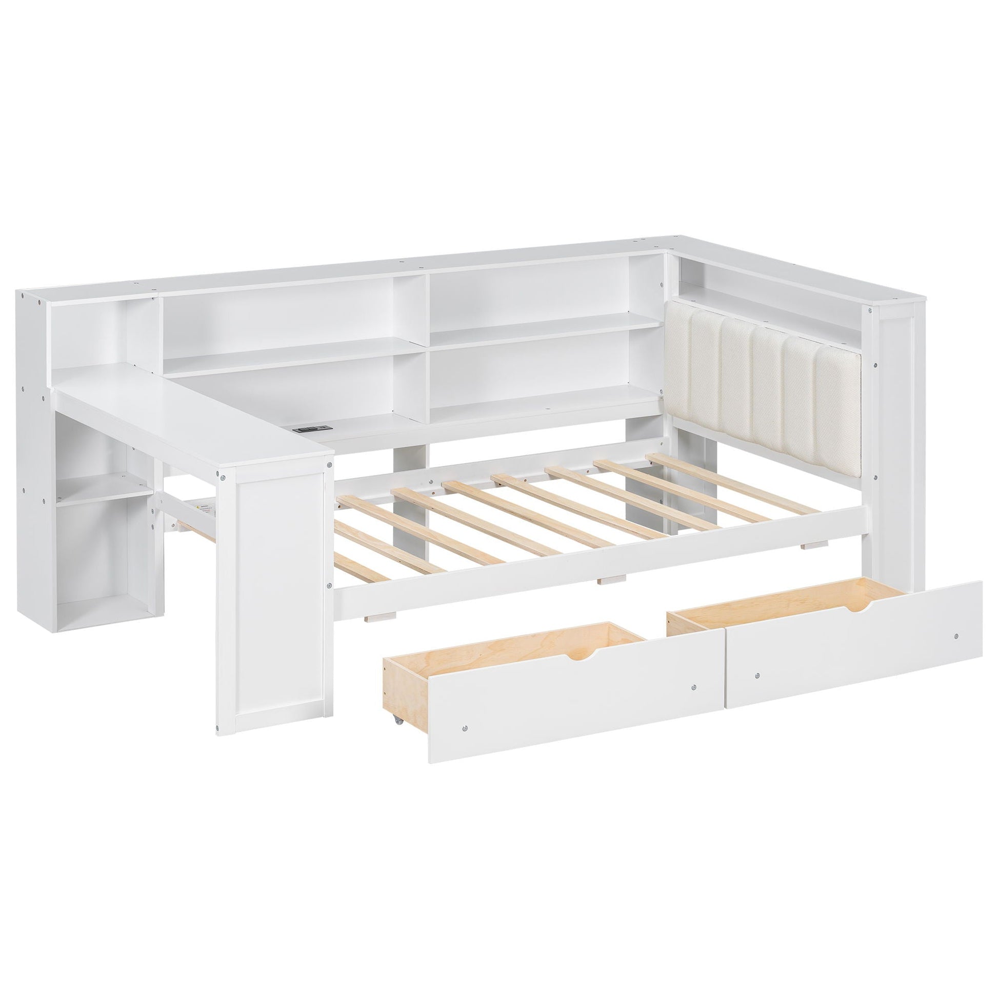 White platform bed with built-in storage shelves, drawers and beige upholstered headboard on Tampa Home & Garden Store