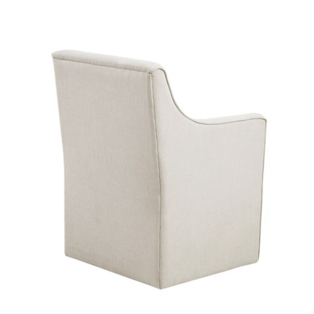 Traditional skirted dining arm chair in beige fabric with curved armrests on Tampa Home & Garden Store