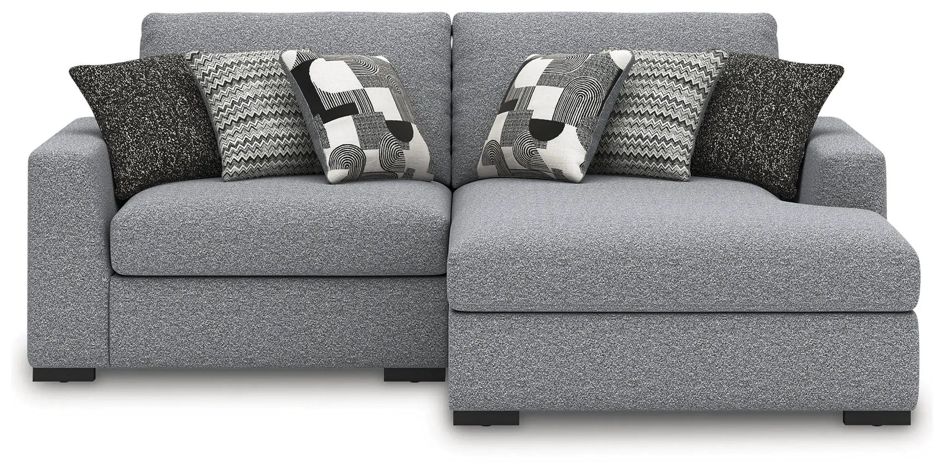 Bealton stationary sectional by Unique Piece in grey fabric with chaise and six pillows on Tampa Home & Garden Store