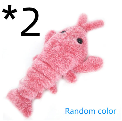 Pink plush shrimp pet toy with a fuzzy segmented body and black eyes, 2-pack random color on Tampa Home & Garden Store