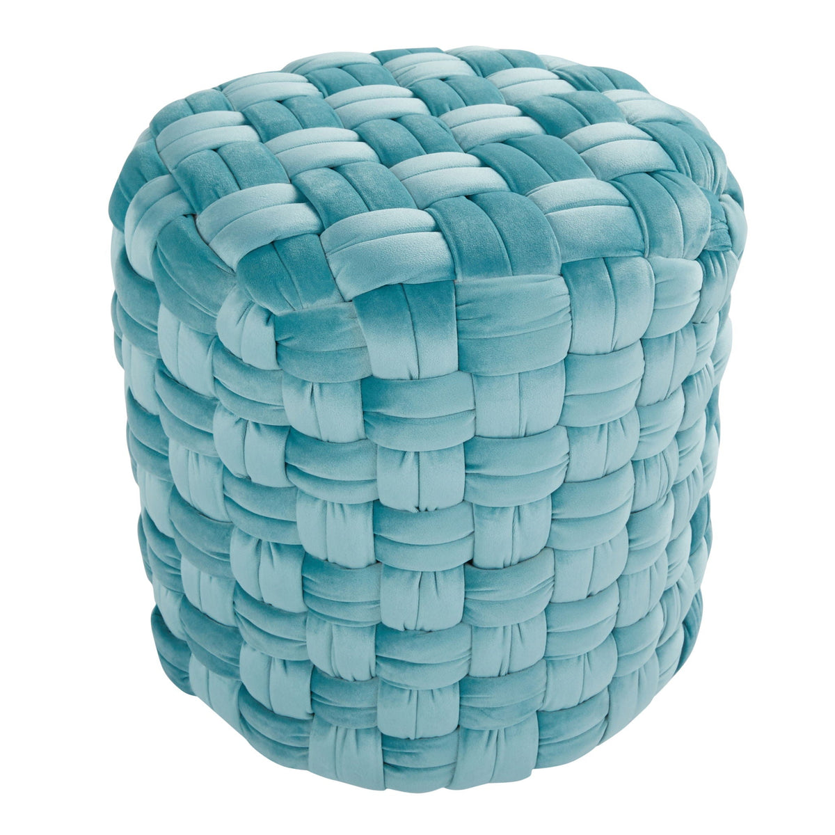 Braided round ottoman in turquoise teal velvet with chunky woven strips by HouseOfZazla on Tampa Home & Garden Store