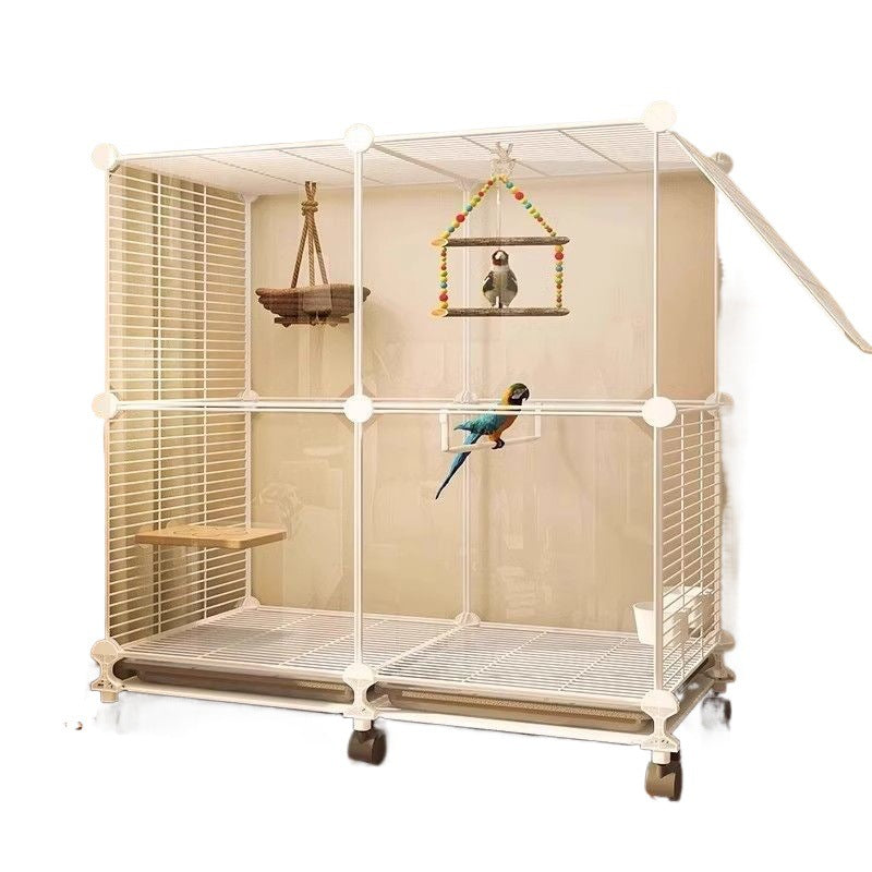 Large Villa Bird Cage beige modular frame on wheels with a blue parrot inside Sell My Stuff on Tampa Home & Garden Store