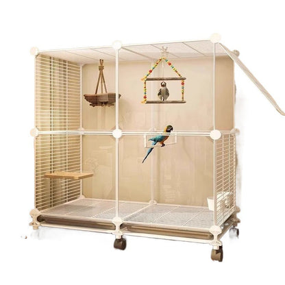 Large Villa Bird Cage beige modular frame on wheels with a blue parrot inside Sell My Stuff on Tampa Home & Garden Store
