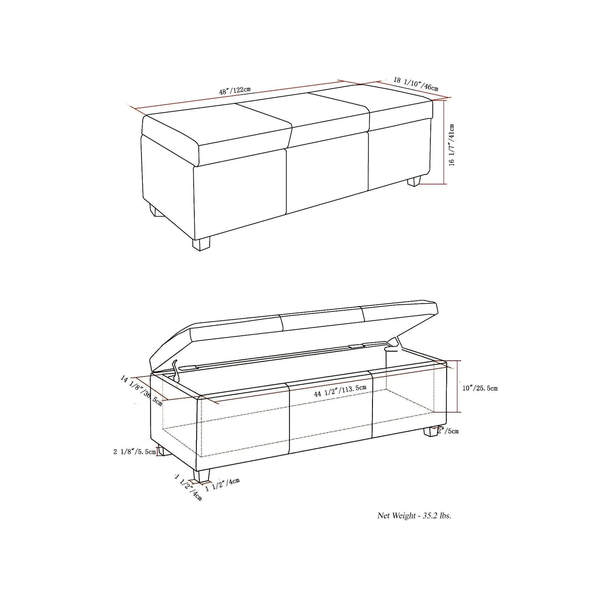 Avalon Multifunctional Storage Ottoman Bench, hinged-top storage ottoman, 48in long, 16in high on Tampa Home & Garden Store
