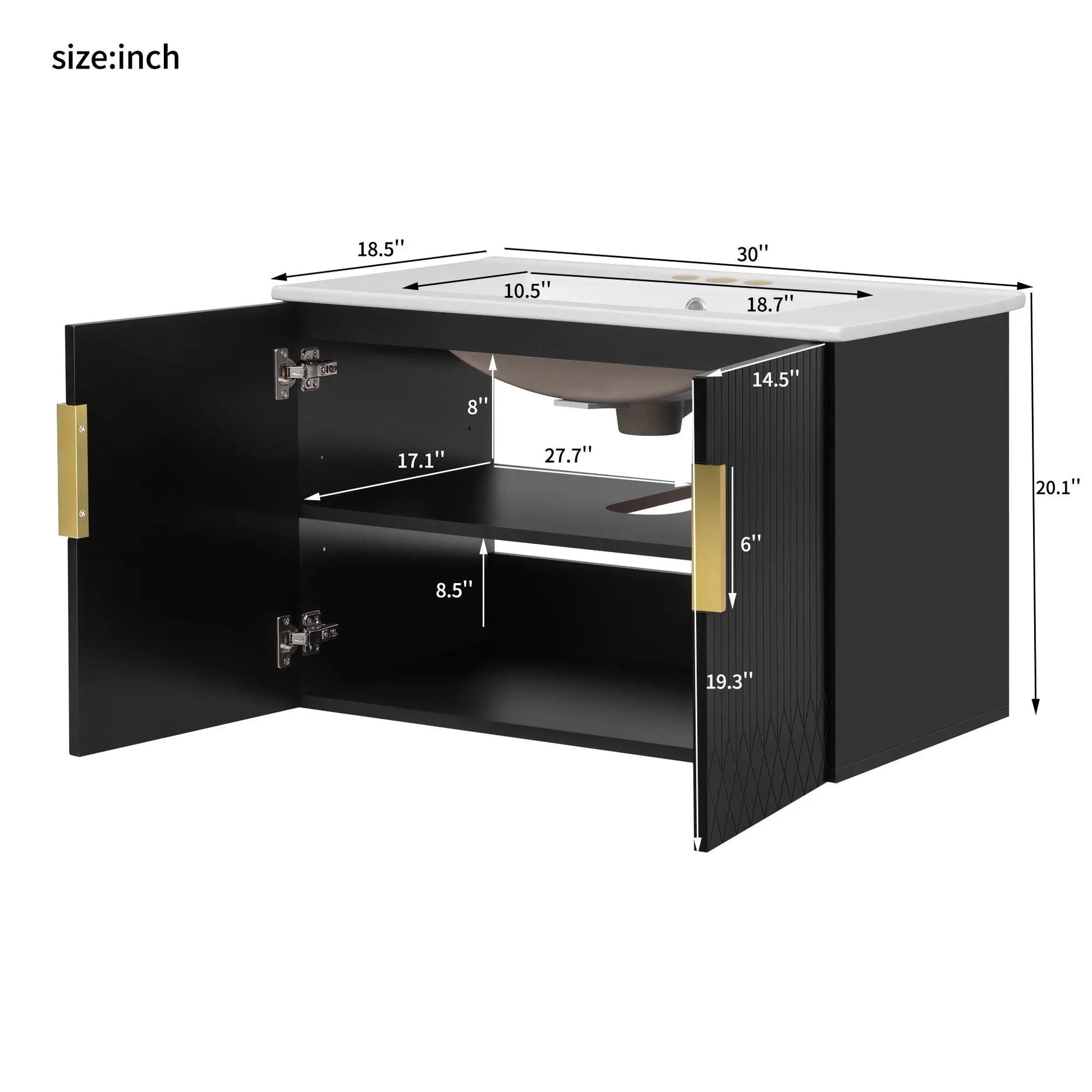 Bathroom vanity with sink in black cabinet, white countertop, 2 soft closing doors, gold handles on Tampa Home & Garden Store