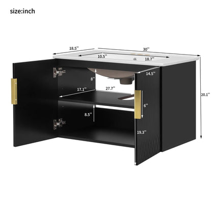 Bathroom vanity with sink in black cabinet, white countertop, 2 soft closing doors, gold handles on Tampa Home & Garden Store