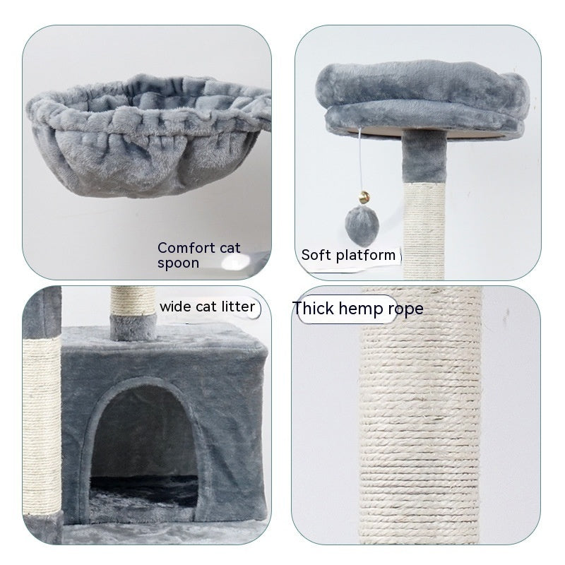 Multi-layer Jumping Platform Wooden Cat Toy Chamfer, gray plush, hemp rope posts, cozy hideout on Tampa Home & Garden Store
