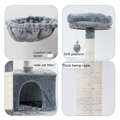 Multi-layer Jumping Platform Wooden Cat Toy Chamfer, gray plush, hemp rope posts, cozy hideout on Tampa Home & Garden Store