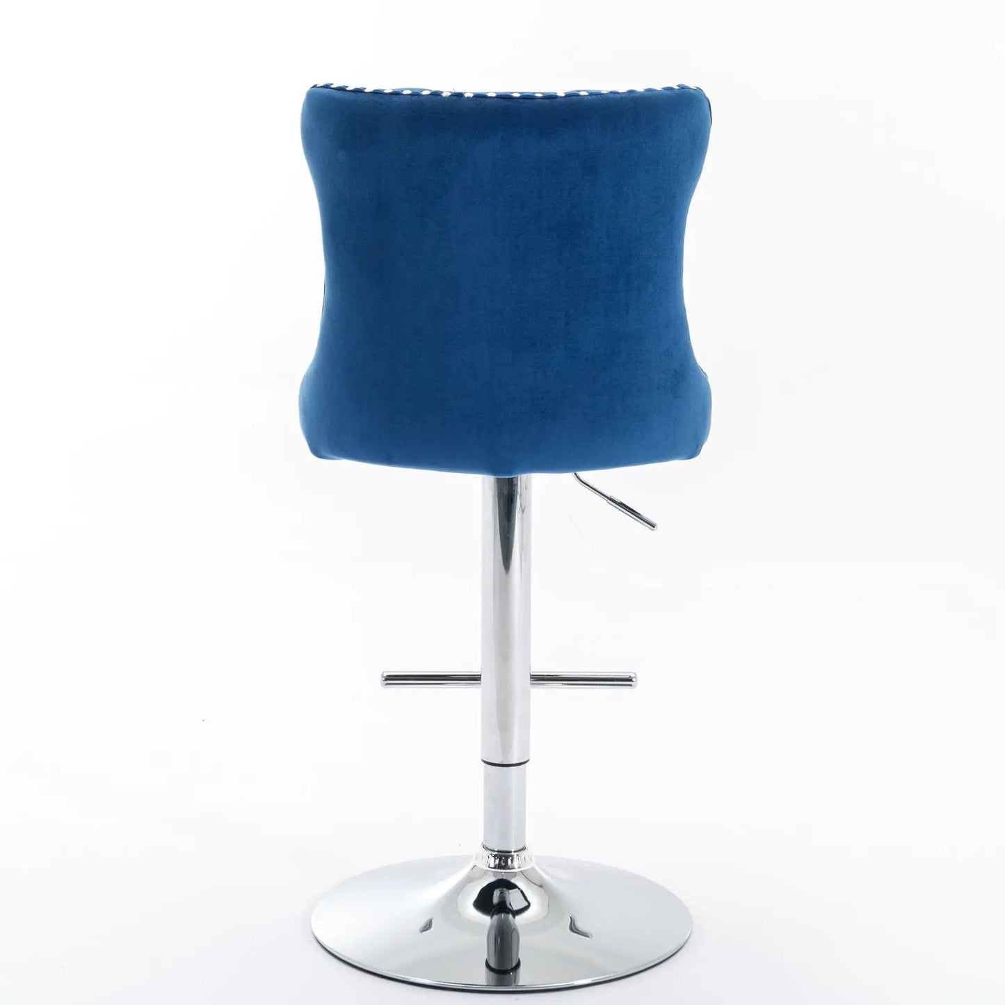 Blue swivel bar stool with back nailhead trim, chrome pedestal base, adjustable height 25–33 in on Tampa Home & Garden Store