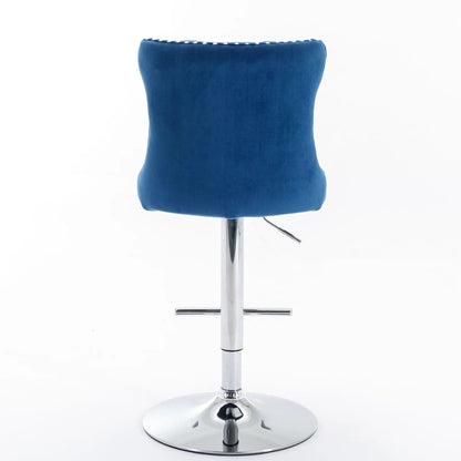 Blue swivel bar stool with back nailhead trim, chrome pedestal base, adjustable height 25–33 in on Tampa Home & Garden Store