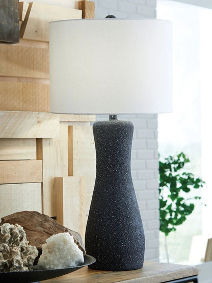 Maykins metal table lamp black textured base with light gray shade on Tampa Home & Garden Store