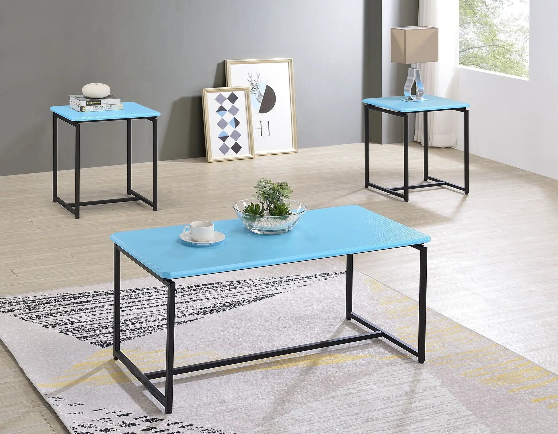 GT 3-Piece Carbon Fiber Wrap Coffee and End Table Set with blue tops and black metal frames on Tampa Home & Garden Store