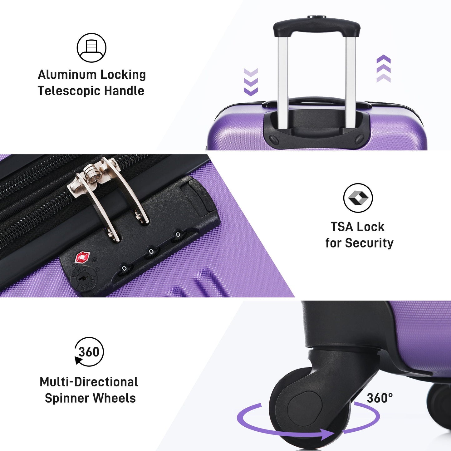 3-pc purple hardside spinner luggage set by HouseOfZazla with telescopic handle TSA lock on Tampa Home & Garden Store
