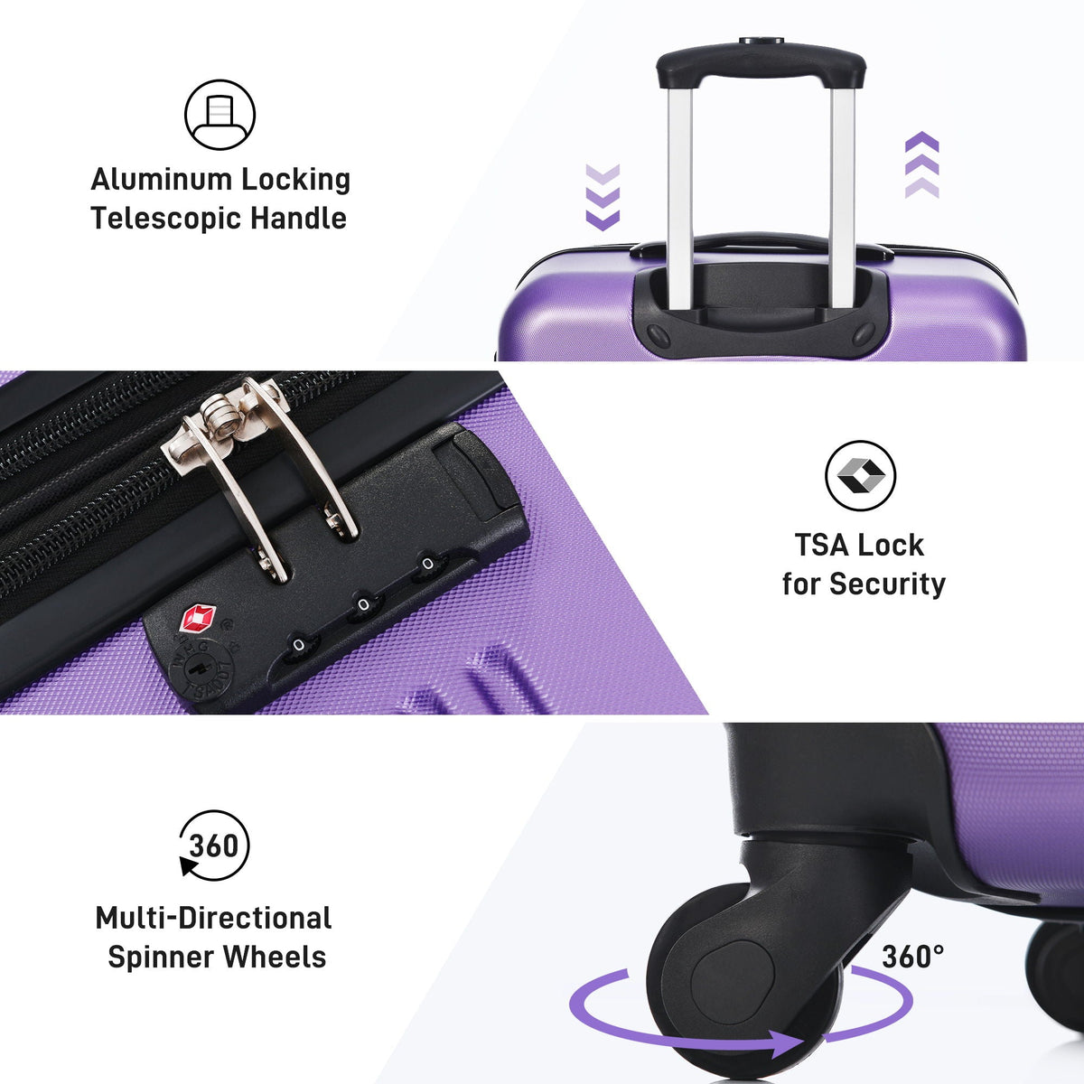 3-pc purple hardside spinner luggage set by HouseOfZazla with telescopic handle TSA lock on Tampa Home & Garden Store