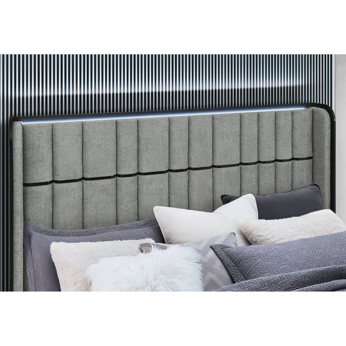 Isaiah upholstered bed with grey tufted headboard and LED accent along top edge by HouseOfZazla on Tampa Home & Garden Store