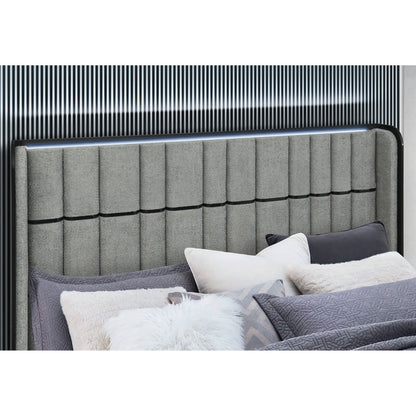 Isaiah upholstered bed with grey tufted headboard and LED accent along top edge by HouseOfZazla on Tampa Home & Garden Store