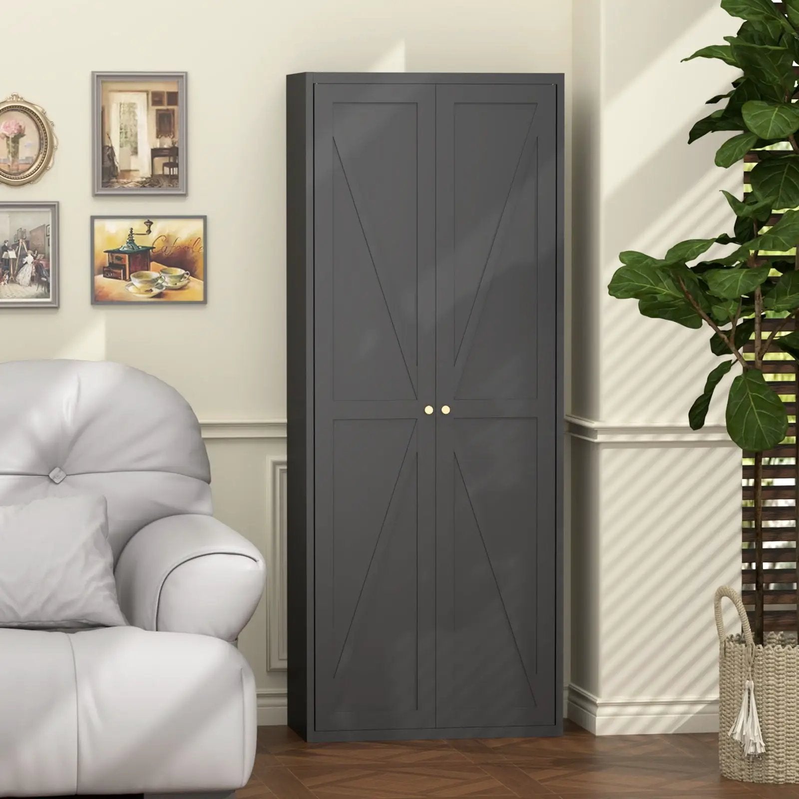 Dark gray adjustable 2-door cabinet with diagonal panel doors and gold knobs on Tampa Home & Garden Store