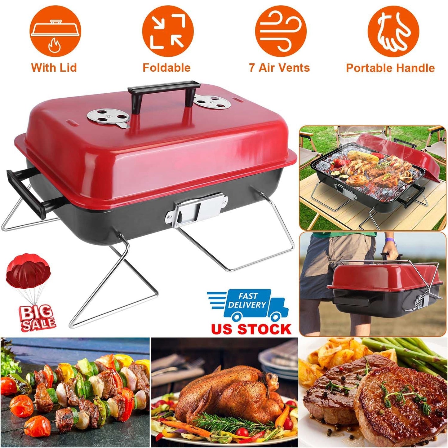 GemGear portable red charcoal grill with lid, foldable legs and carrying handle on Tampa Home & Garden Store