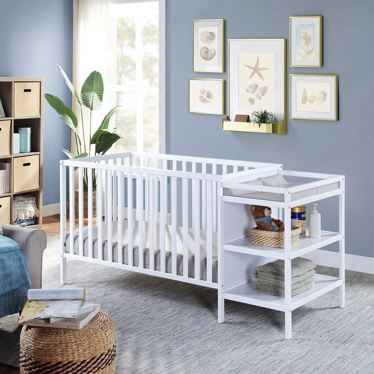 Palmer 3-in-1 Convertible Crib Changer white by Unique Piece Furniture in nursery with art on Tampa Home & Garden Store