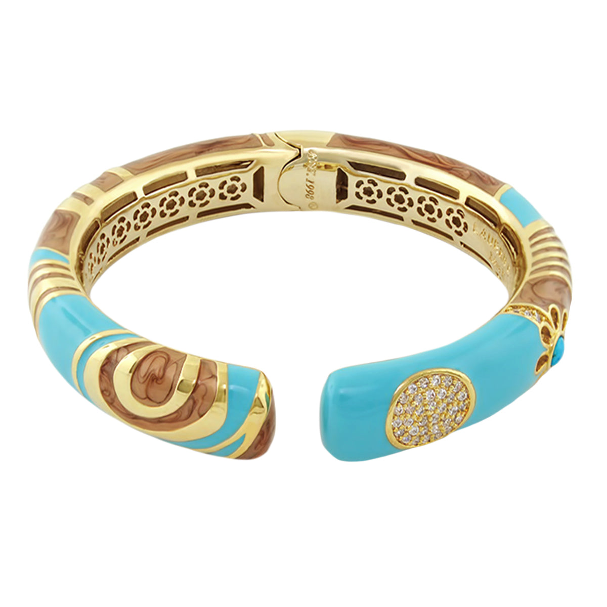 Moon Flower Bangle by Lauren G Adams, turquoise enamel hinged bracelet with crystal heart on Tampa Home & Garden Store