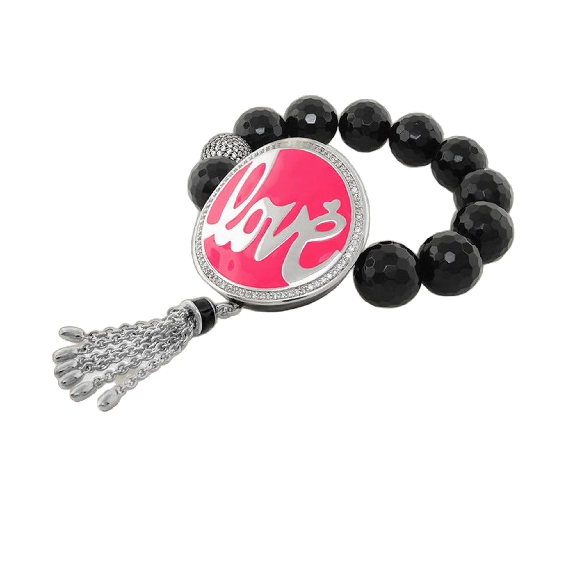 Love Rocks Chain Bracelet with black faceted beads and a pink round centerpiece on Tampa Home & Garden Store
