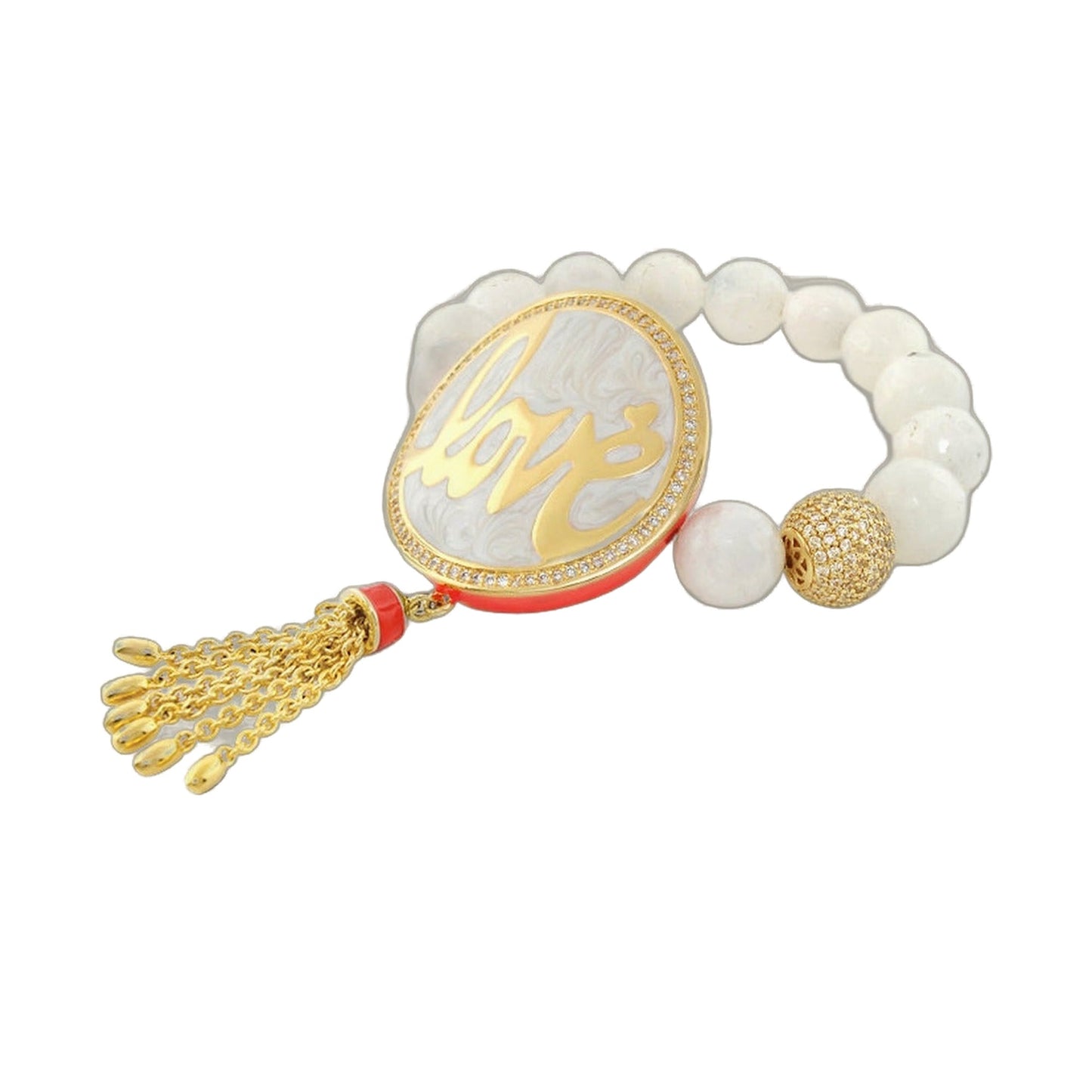 Love Rocks Bracelet by Lauren G Adams, white bead with gold coin pendant and crystal rim on Tampa Home & Garden Store