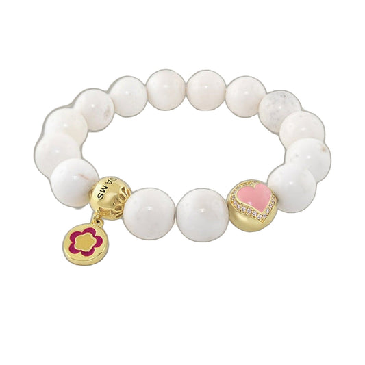 Love Rocks Bracelet white bead bracelet with gold-tone pink heart charm and floral charm by Lauren G Adams on Tampa Home & Garden Store
