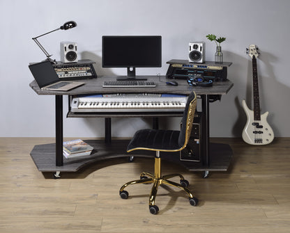 Eleazar Music Recording Studio Desk Wood with two monitors, laptop, guitar, plant on Tampa Home & Garden Store