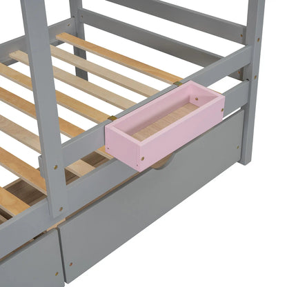 Bunk bed with playhouse roof and window gray frame slats pink drawer Unique Piece Furniture on Tampa Home & Garden Store