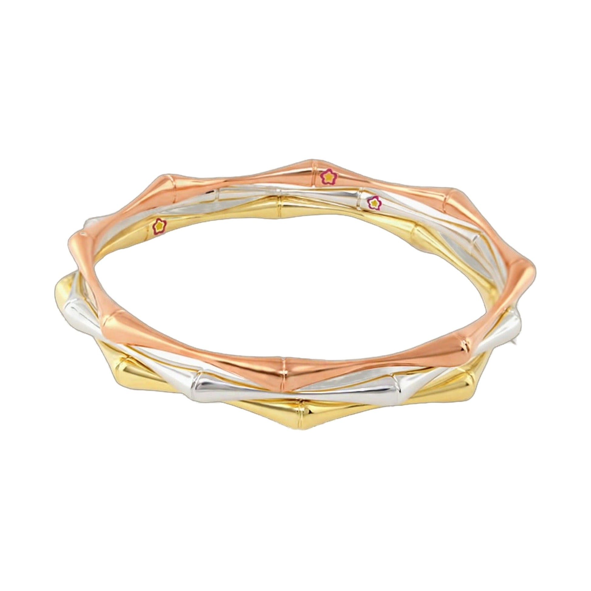 Socialite Stackable Bangle Set tri-tone bangles with pink flower charms, 3-piece bracelet on Tampa Home & Garden Store