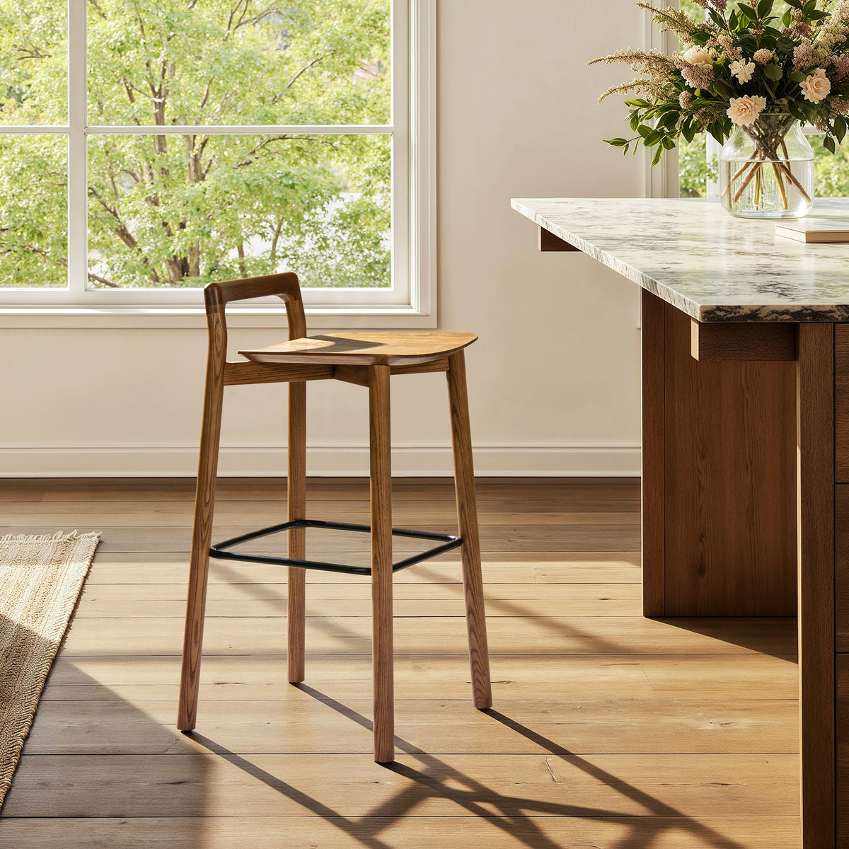 Bar stools HouseOfZazla in walnut with iron footrests, modern minimalist low back set of 2 on Tampa Home & Garden Store