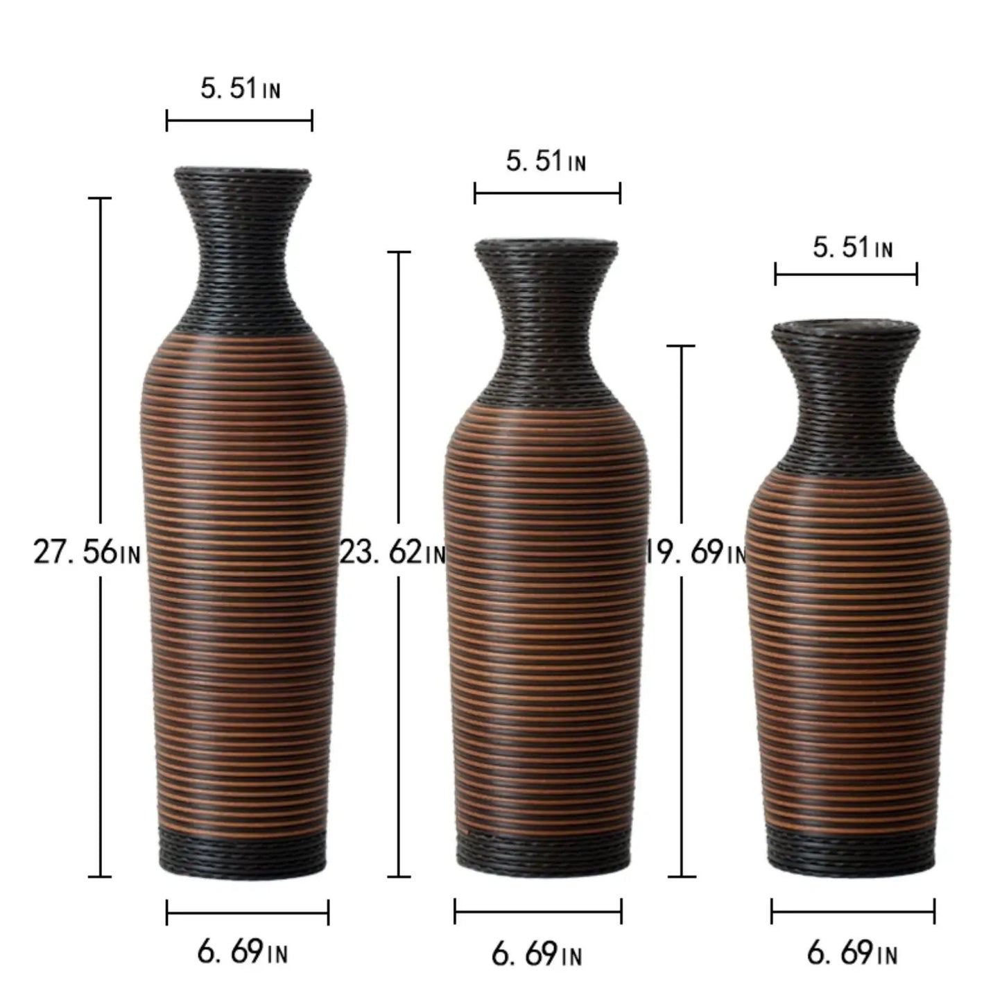 Set of 3 tall floor vases with black and brown woven stripes by Unique Piece Furniture on Tampa Home & Garden Store